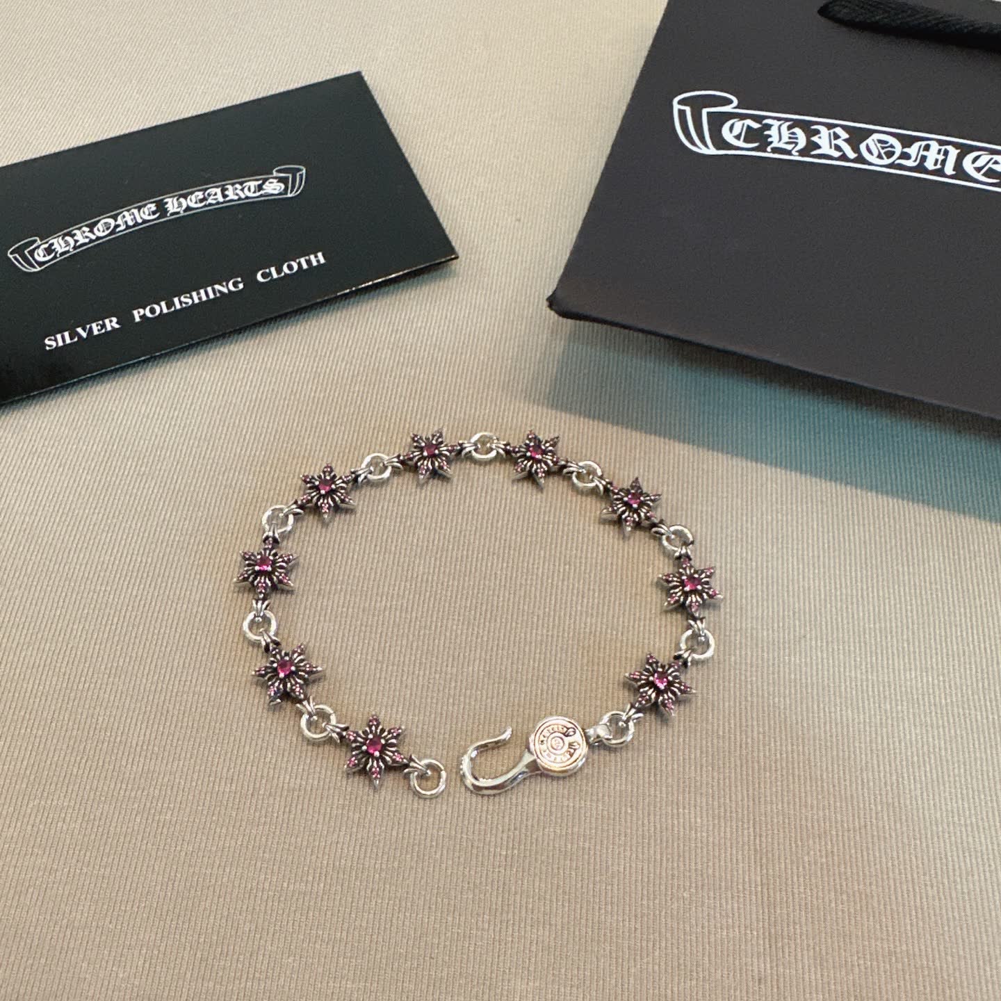 Chrome Hearts Silver Bracelet with Red Stones